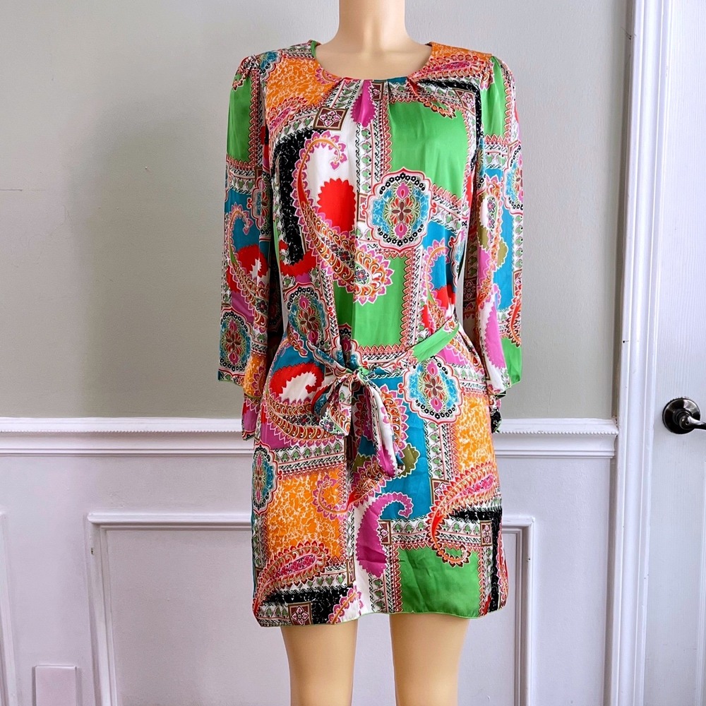 Linea Domani Dress M Paisley Patchwork Boho Lined Green Pink  Belted